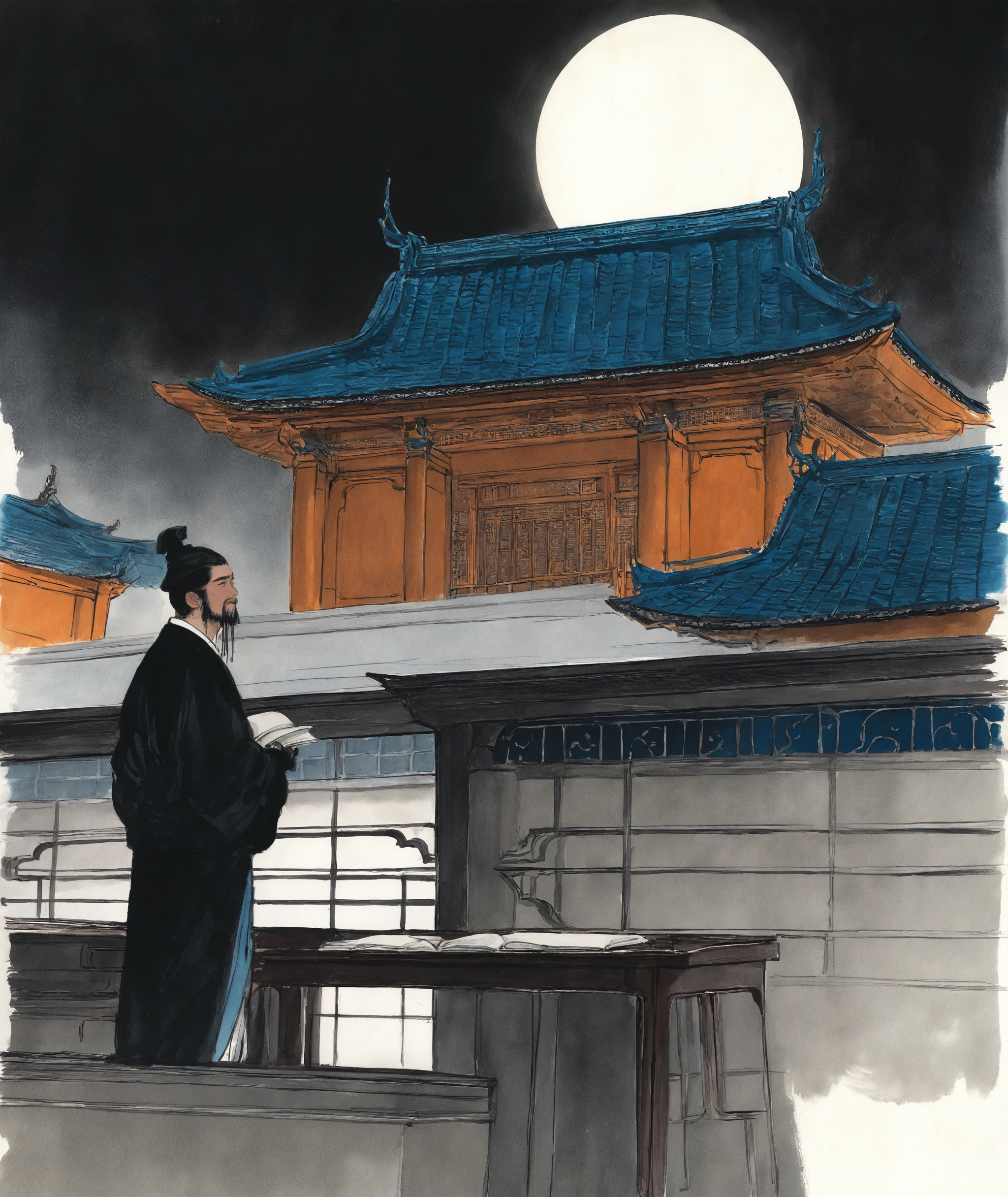 solo, 1male, beard, moon, hanfu, holding book, looking up, back view, east asian architecture, 
courtyard, desk, shadow, 
traditional media,
masterpiece, best quality, newest, absurdres, highres
 <lora:freehandink_NOOB1.0_V-PRED:1>
