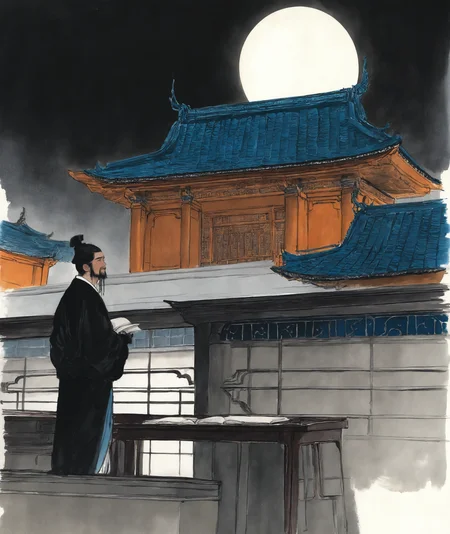 solo, 1male, beard, moon, hanfu, holding book, looking up, back view, east asian architecture,
courtyard, desk, shadow,
traditional media,
masterpiece, best quality, newest, absurdres, highres
<lora:freehandink_NOOB1.0_V-PRED:1>