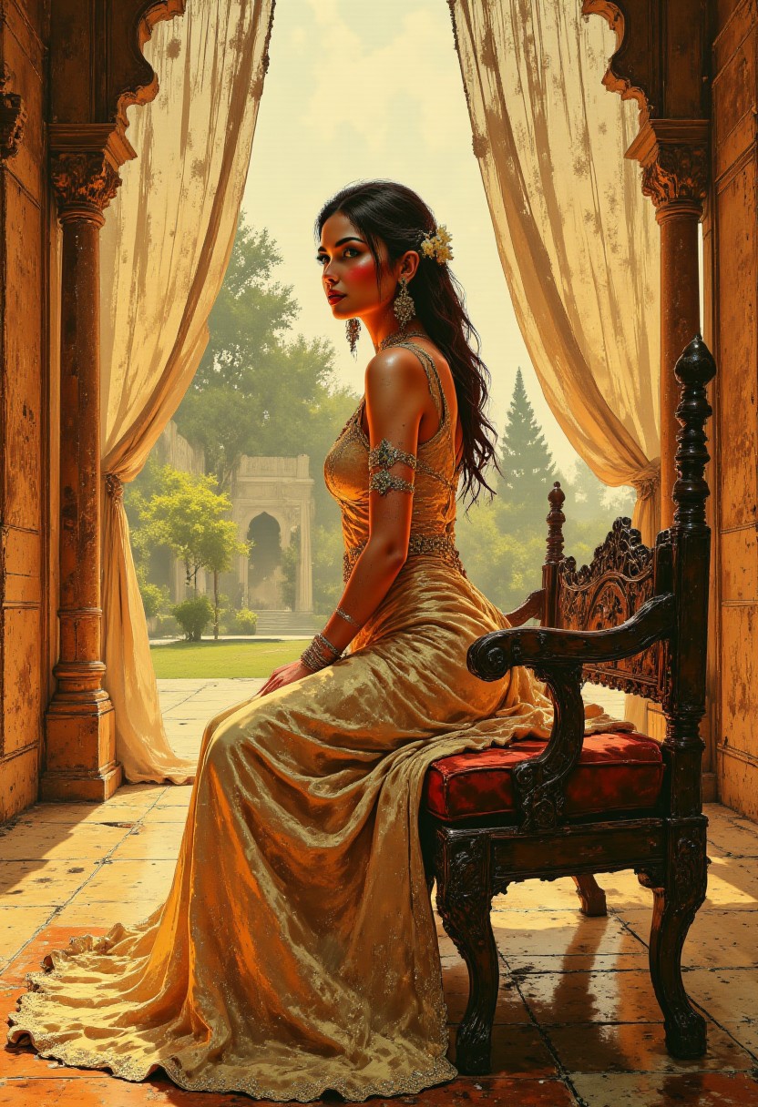 Rajasthan Palace Courtyard – Pastel Gold Dress
A regal young woman sits on an ornately carved wooden bench in the courtyard of a grand palace in Rajasthan, India. She wears a flowing pastel gold dress with shimmering embroidery, the rich fabric cascading gracefully around her. A sheer, beaded curtain sways in the warm breeze, filtering the golden light that spills over intricate marble archways. The sound of a distant sitar and the scent of jasmine create a mesmerizing atmosphere as she gazes across the royal gardens.