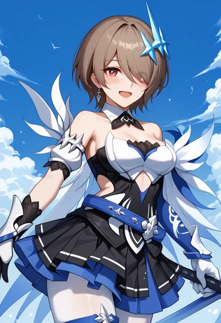 score_9, score_8_up, score_7_up, 1girl, solo, RitaRossweisse, brown hair, short hair, hair over one eye, red eye, medium breasts, hair ornament, belt, blue belt, breastplate, white breastplate, center opening, clothing cutout, side cutout, strapless, strapless shirt, detached collar, black and blue shirt, layered skirt, pleated skirt, black and blue skirt, miniskirt, asymetrical gloves, white and blue gloves, thigh band, arm bands, white pantyhose, smiling, open mouth, blushing