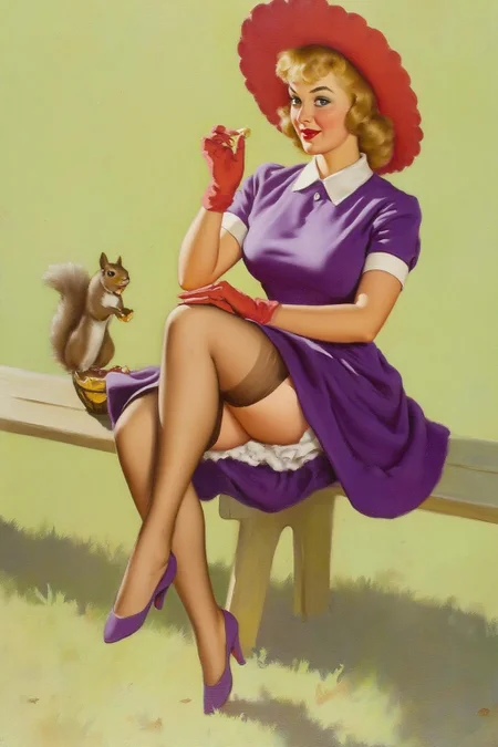 gilelvgren1 illustration.
A woman sitting on a wooden bench outdoors. She wears a purple dress with white trim and red gloves, along with a red wide-brimmed hat. Her legs are crossed, and she wears stockings and high-heeled shoes. She is holding a peanut in front of a squirrel perched on her knee. She is glancing at the viewer. The background is a light green color. <lora:gilelvgren1_d8a4e9a:1.0><lora:867331469532463277:0>