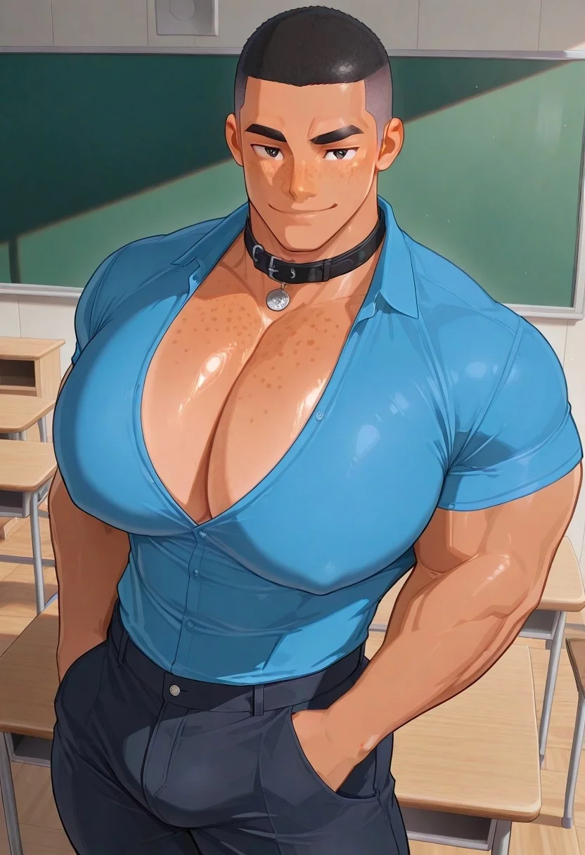 masterpiece, best quality, newest, absurdres, highres, male, bara, detailed background, masterpiece, best quality, absurdres, newest, perfect quality, best quality, bara, 1man, looking at viewer, thick eyebrows, muscular male, wearing black jeans with rips in them, blue shirt, collar shirt, tight shirt, big pecs, big moobs, hot breasts, freckles on face, hands in pocket, school environment, leaning against school desk, classroom, wooden desk, leaning against wooden desk, buzzcut, smirking, overly confident, confident look on face, slightly tanned skin, solo
