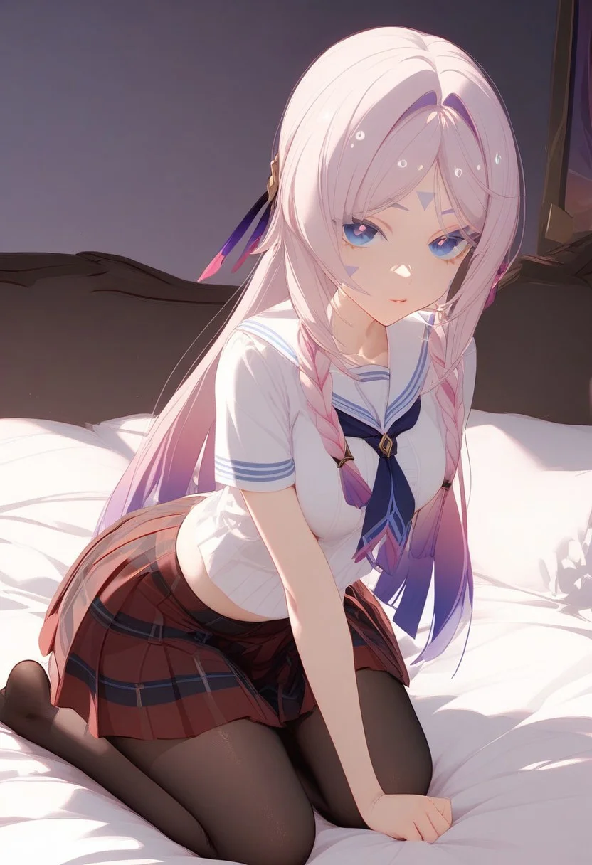 cinematic lighting, best quality, masterpiece, highres, detailed, perfect anatomy, 1girl, citlali \(genshin impact\), neckerchief, white top, short sleeves, pleat skirt, skirt, black pantyhose, on bed, kneeling, looking at viewer