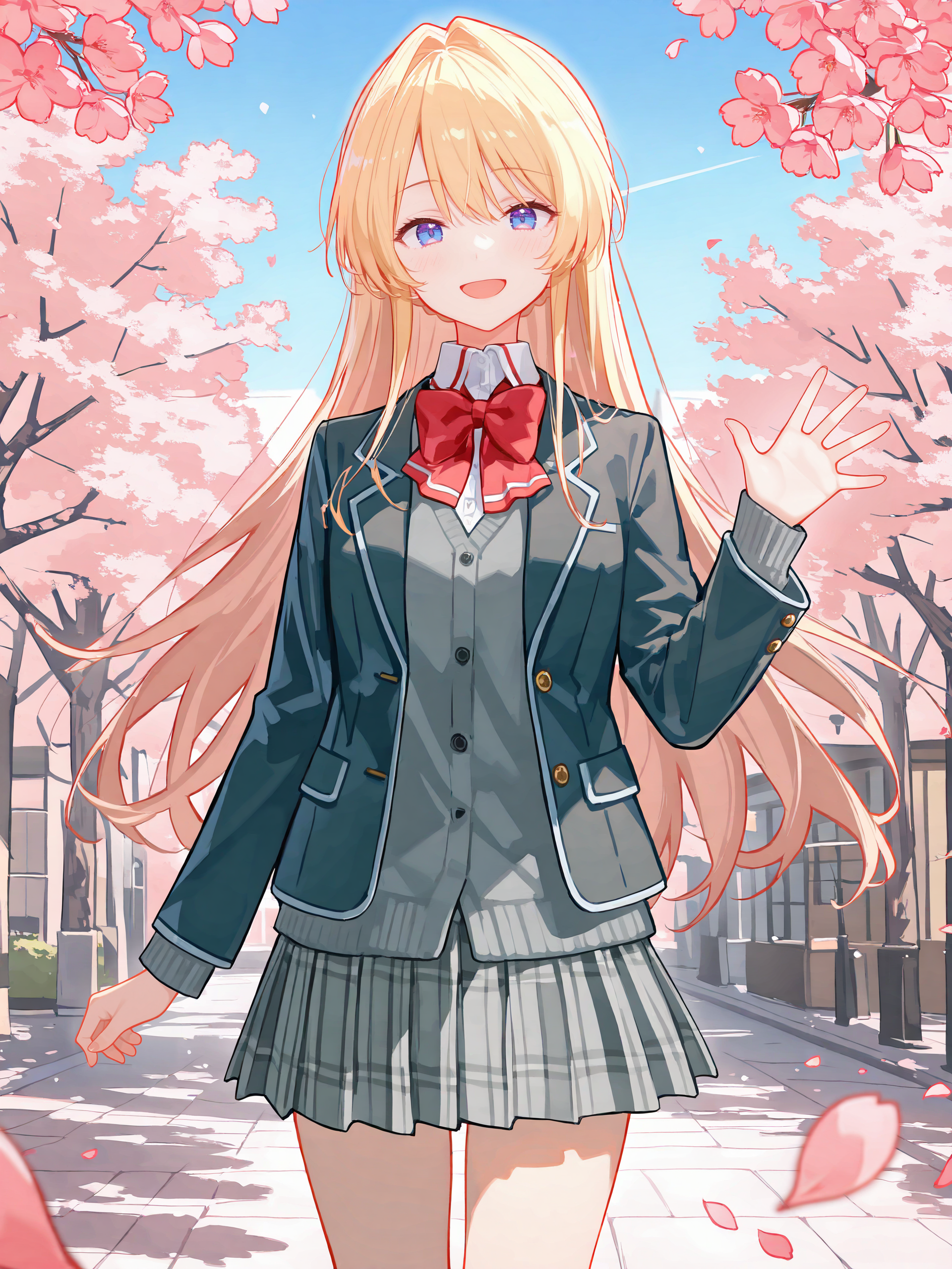 1girl, ouzuka mai, solo, blue eyes, school uniform, pleated skirt, plaid skirt, white collared shirt, blazer, red bowtie, waving, looking at viewer, smile, open mouth, standing, cowboy shot, outdoors, street, cherry blossoms, petals, depth of field ,  <lora:Char-Ouzuka-Mai-V1-IL:0.9>
masterpiece, best quality, amazing quality, very aesthetic, absurdres, (ask \(askzy\), hiten \(hitenkei\):0.7), perfect features, intricate details, ray tracing, <lora:XL-aesthetic_anime:1:hr=0.1>, <lora:XL-detailed_notrigger:1:hr=0.5>