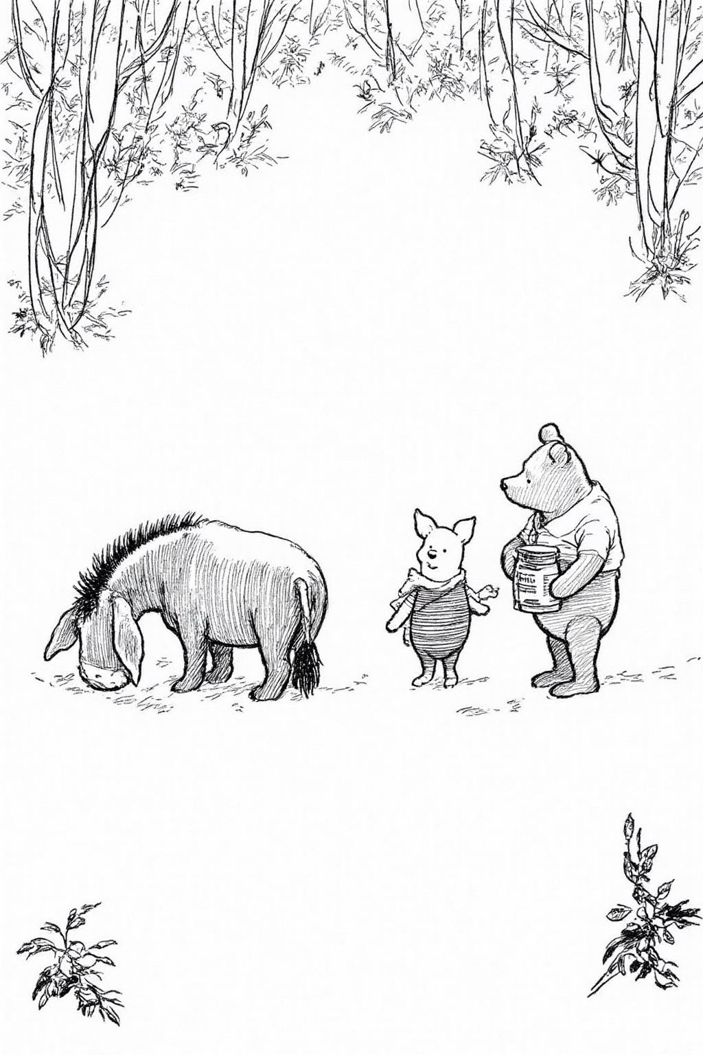 ehshep1 sketch.
three anthropomorphic animals in a snowy forest setting. On the left we see the back view of Eeyore grazing on the ground, its ears drooping slightly, and a small tuft of hair on its head. On the right is Winnie-the-Pooh, holding a jar of honey. Piglet is standing beside Winnie-the-Pooh <lora:ehshep2_cap_d6a3e12:1.0><lora:825901080064869737:0>