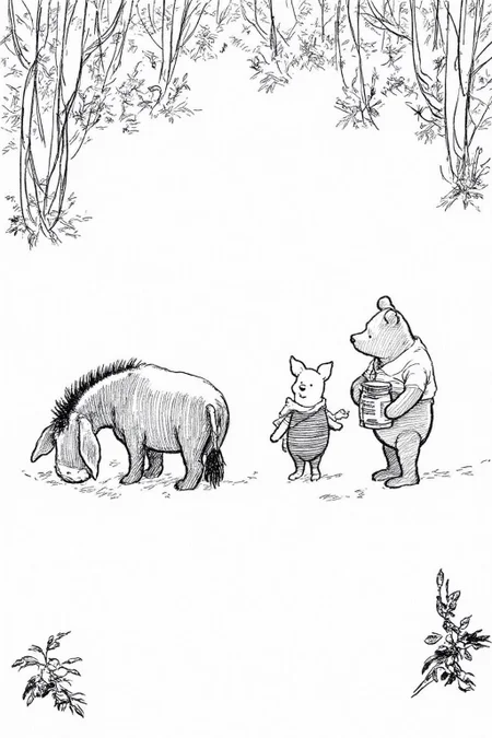 ehshep1 sketch.
three anthropomorphic animals in a snowy forest setting. On the left we see the back view of Eeyore grazing on the ground, its ears drooping slightly, and a small tuft of hair on its head. On the right is Winnie-the-Pooh, holding a jar of honey. Piglet is standing beside Winnie-the-Pooh <lora:ehshep2_cap_d6a3e12:1.0><lora:825901080064869737:0>