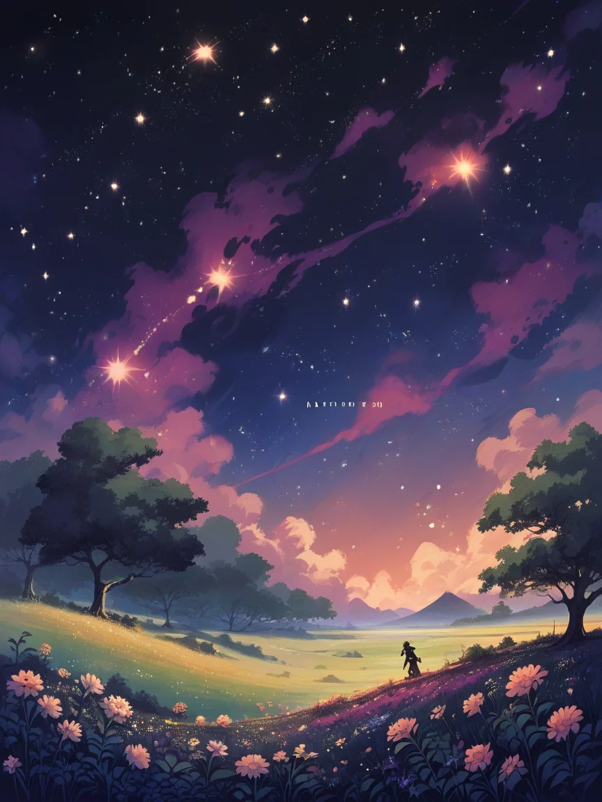 score_9, score_8_up, score_7_up, score_6_up, score_5_up, <lora:4str0XLP:0.7> 4str0, no humans, sky, outdoors, flower, star (sky), scenery, night, field, in tree, cosmic horror