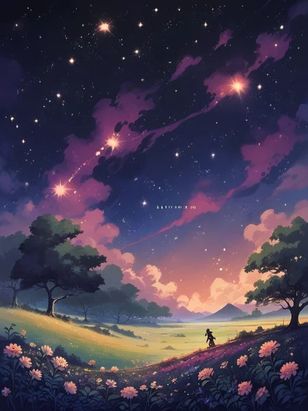 score_9, score_8_up, score_7_up, score_6_up, score_5_up, <lora:4str0XLP:0.7> 4str0, no humans, sky, outdoors, flower, star (sky), scenery, night, field, in tree, cosmic horror