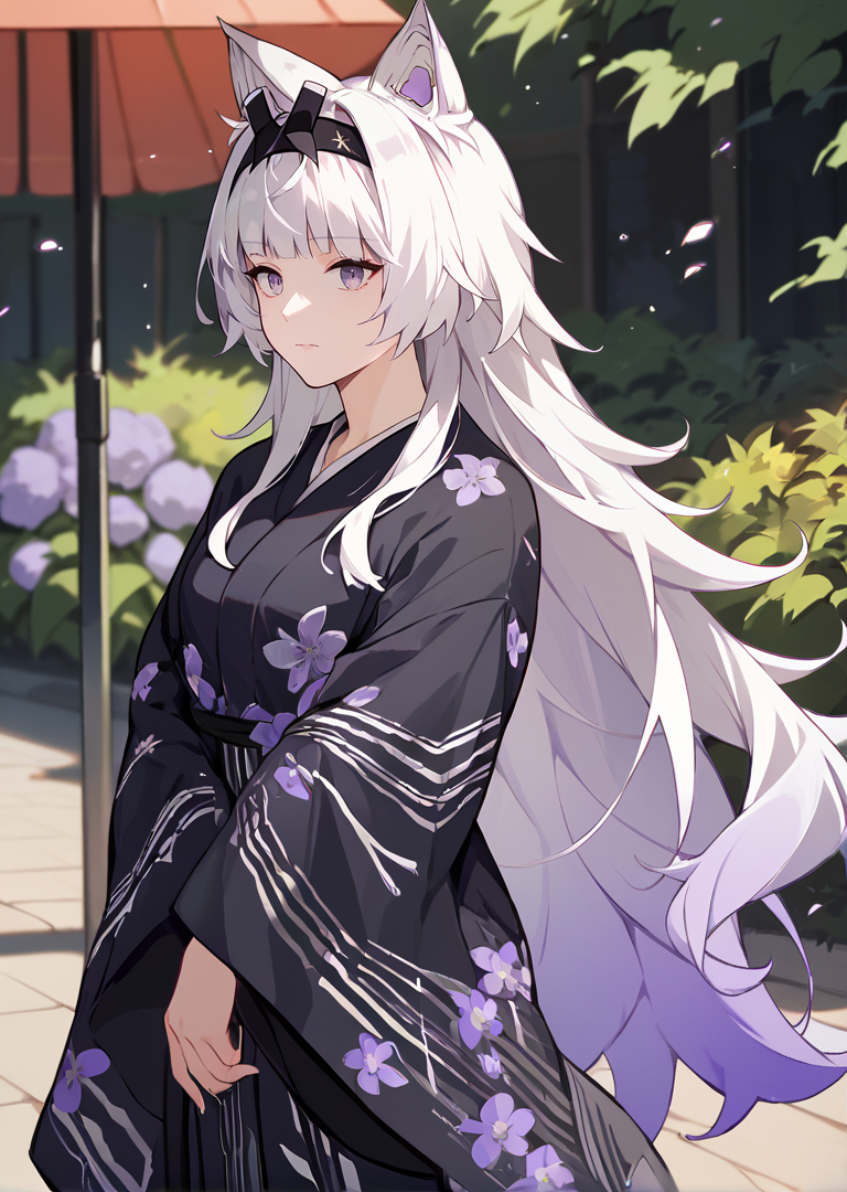 score_9, score_8_up, score_7_up, source_anime, 21feralscent, white hair, long hair, wolf ears, black hairband, purple eyes, black yukata, outdoors, floral print, purple glow
 <lora:feralscent-step00001600:1>