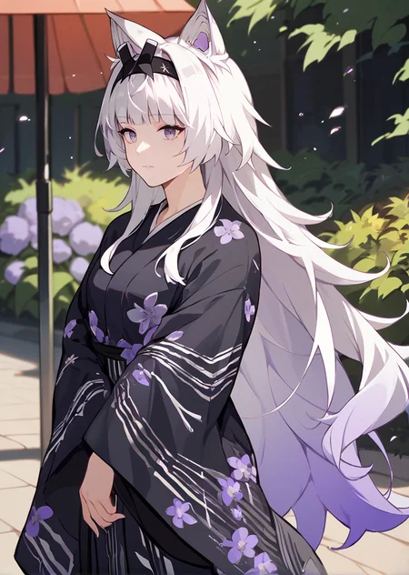 score_9, score_8_up, score_7_up, source_anime, 21feralscent, white hair, long hair, wolf ears, black hairband, purple eyes, black yukata, outdoors, floral print, purple glow
<lora:feralscent-step00001600:1>