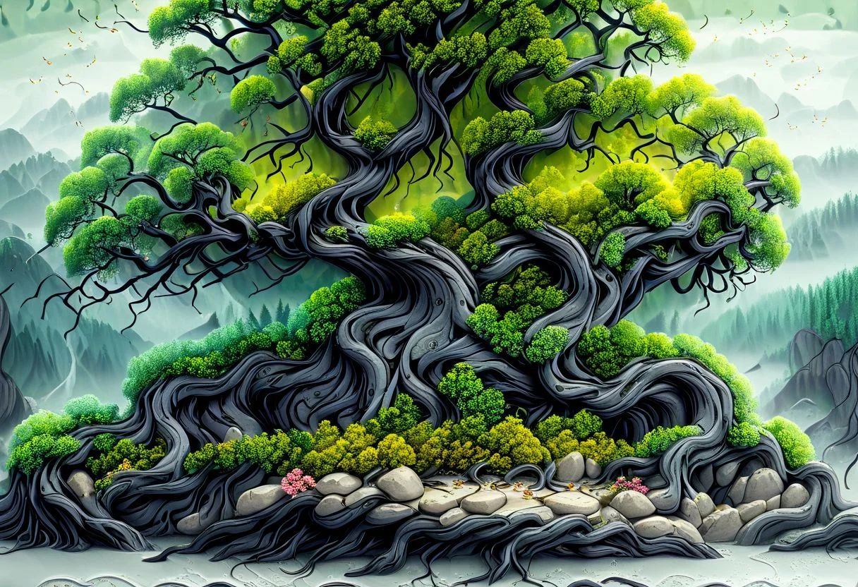 large tree on an island with lots of boulders in the water, moss grows where it can along with flowers, a multitude of trees can be seen forming a forest, artflwtr