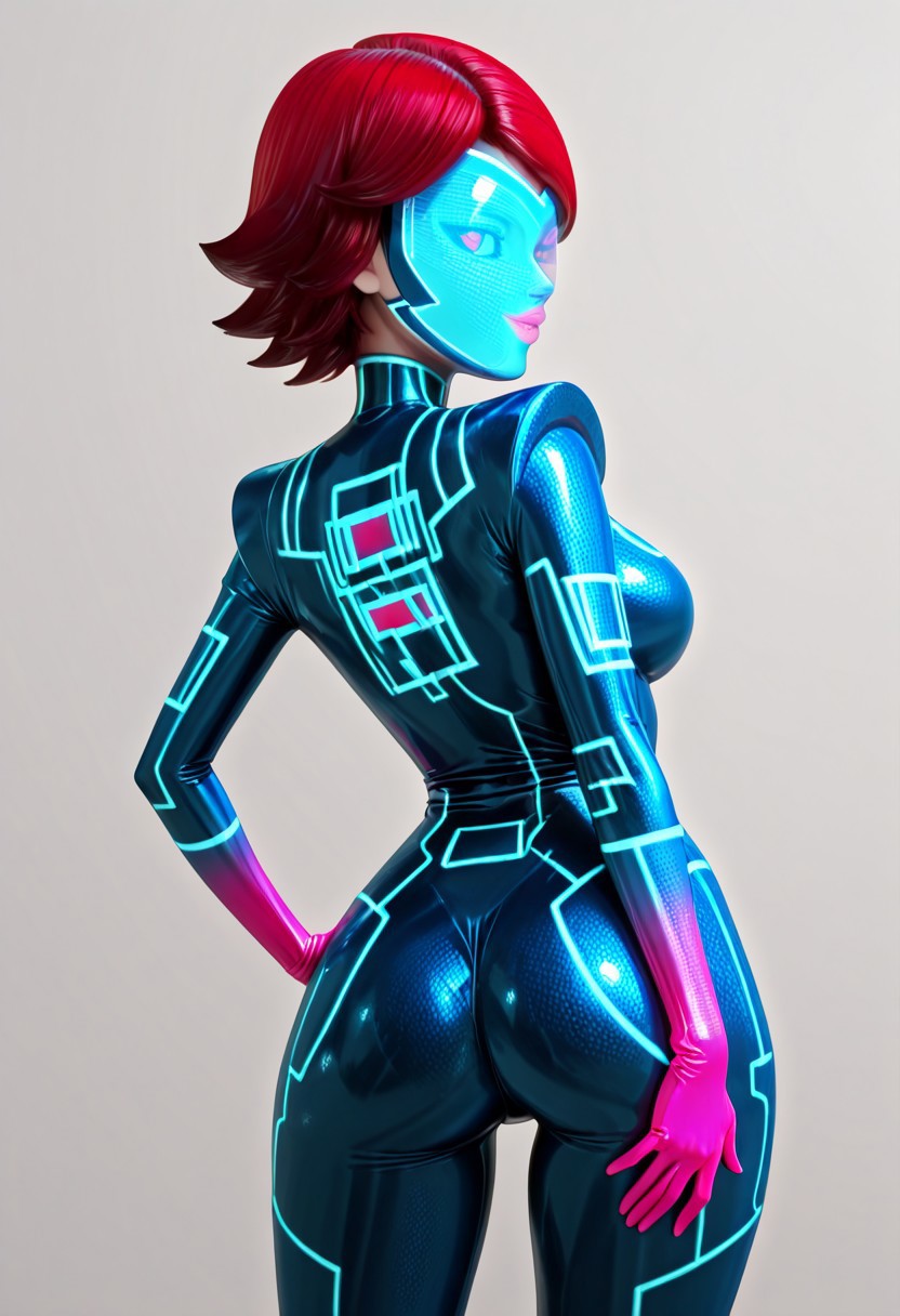 masterpiece, high quality, best quality, vivid colors, vibrant colors, BREAK, Prime Queen, purplish-red hair,  stiff hair, shiny hair, wild hair,  colored sclera, blue sclera, glowing pink pupils, glowing pink lips, pixel-textured helmet, glass mask, light blue visor, monitor mask, pixel-textured shoulder pad jumpsuit, dark-blue jumpsuit, vivid-cerise lower arms, vivid-cerise lower legs, glowing lines, light-blue lines, pattern lines, sexy, erotic, skin tight, slim waist, wide hips, large breasts, dynamic pose, back view,  BREAK, simple background