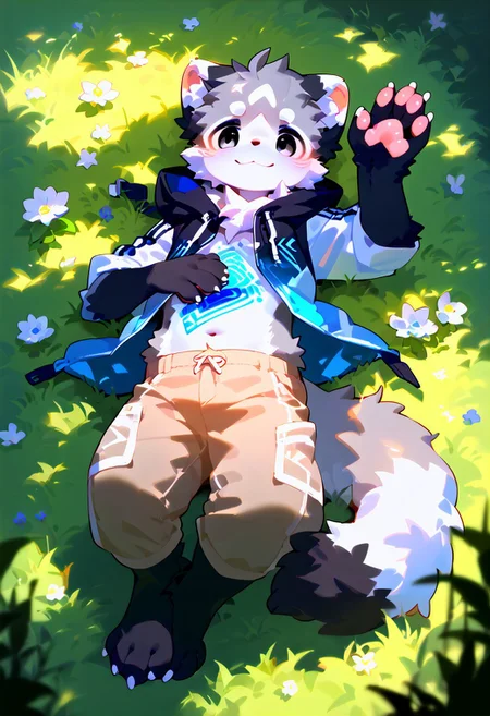 kemono, full body, solo, furry, score_9, score_8_up, score_7_up, look at viewer, male focus, black eyes, no humans, fractal iris, furry male, ferret lying on grass, happy, smile, detailed eyes, blushing, zPDXL3