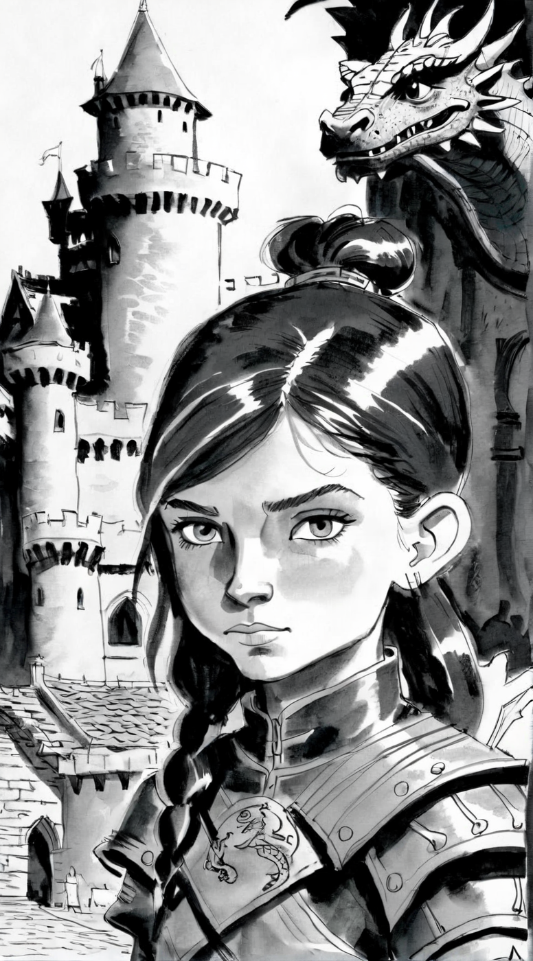 drawix2 closeup portrait of a warrior girl in the background of a castle and dragons<lora:drawix2:1>
