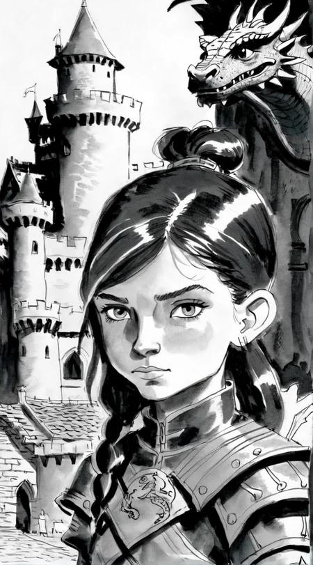 drawix2 closeup portrait of a warrior girl in the background of a castle and dragons<lora:drawix2:1>