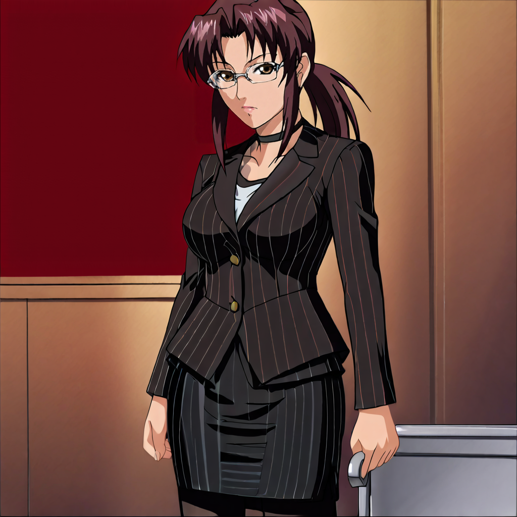 <lora:Rexy_pony_v1:.9>Rexy, 1girl, revy (black lagoon), anime coloring,  brown hair, ponytail,  brown eyes, long hair, breasts, cowboy shot,  <lora:0856 OL professional suit skirt 1_v1_pony:1> ruanyi0856,striped jacket,choker,black pantyhose,striped skirt,glasses,black skirt,pinstripe pattern