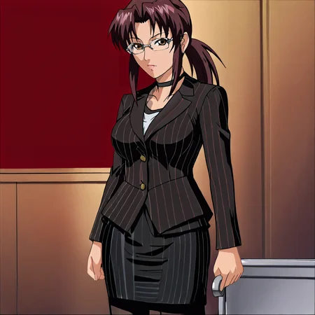 <lora:Rexy_pony_v1:.9>Rexy, 1girl, revy (black lagoon), anime coloring,  brown hair, ponytail,  brown eyes, long hair, breasts, cowboy shot,  <lora:0856 OL professional suit skirt 1_v1_pony:1> ruanyi0856,striped jacket,choker,black pantyhose,striped skirt,glasses,black skirt,pinstripe pattern