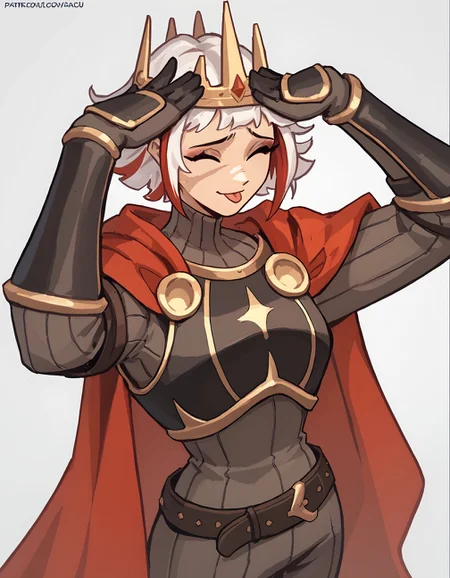 score_9, score_8_up, score_7_up, score_6_up BREAK, AhEtoBlehMeme, closed eyes, tongue out, :p, hands on own head, smile, 1girl, solo, short hair, white hair, multicolored hair, makeup, scar, crown, armor, gloves, bracers, belt, bodysuit, cape <lora:add-detail-xl:0.3> <lora:Ulfger_PDXL:0.7> <lora:Lunas-ReaganLong-SDXL-A1:0.8> <lora:AhEtoBlehMeme_pdxl_Incrs_v1:1>