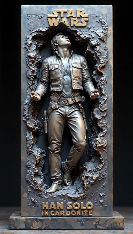 Hyper-realistic professional relief full body artwork depicting Han Solo, frozen in carbonite. Han Solo's body half submerged in the relief, hands palms showing by his chest in surrender, head tipped back yelling in anguish. His clothed metallic body matches the texture and color of the carbonite.  The texture of the carbonite is rendered with a slightly rough, cold metallic finish. The Star Wars logo is at the top and "Han Solo in Carbonite" at the bottom, shot straight against a dark background, intricate details <lora:Relief_Art_for_Flux_-_by_Ethanar:0.9>