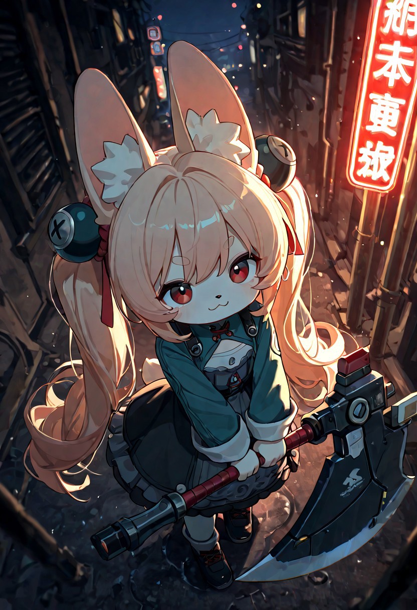 (1girl, solo), zhao_(zenless_zone_zero), very_long_hair, :3, red_eyes, furry_female, (petite, shortstack, (flat_chested)), dress, night, dark, in an ruined city, fighting_stance, huge_weapon, holding_axe, two-handed, puddle on the ground, far shot, neon signs, weapon_focus, ((incoming_attack, attack_trail)),
backlighting, dramatic_lighting, ((three_quarter_view)), from_above, foreshortening, perspective, depth_of_field, dim_lighting, epic, cinematic, RTX, bloom, perfection, perfect, detailed, tianliang_duohe_fangdongye, light_particles, incredibly absurdres, highres, masterpiece, newest, best quality, amazing quality, very aesthetic,