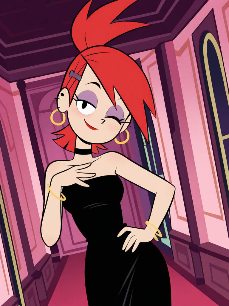 official style, screencap,
1girl, (FrankieFosterSC),, red hair, smile, hairclip, ponytail, earrings, jewelry, black dress, strapless dress, eyeshadow, red lips, bracelet, choker, earrings,
light smile, dutch angle, naughty pose, looking at viewer, indoors, elegant room, solo, dynamic pose, cowboy shot, head tilt, one hand on chest, one hand on hips, one eye closed,
<lora:FrankieXL:1>
