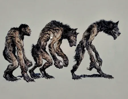 Realistic, score_9, score_8_up, score_7_up, , on a flat white background, a werewolf turning into a man , darwintheory. anime style <lora:evolutionPonyXL:1> , darwintheory, animal evolving, man evolving, 5 stage evolution