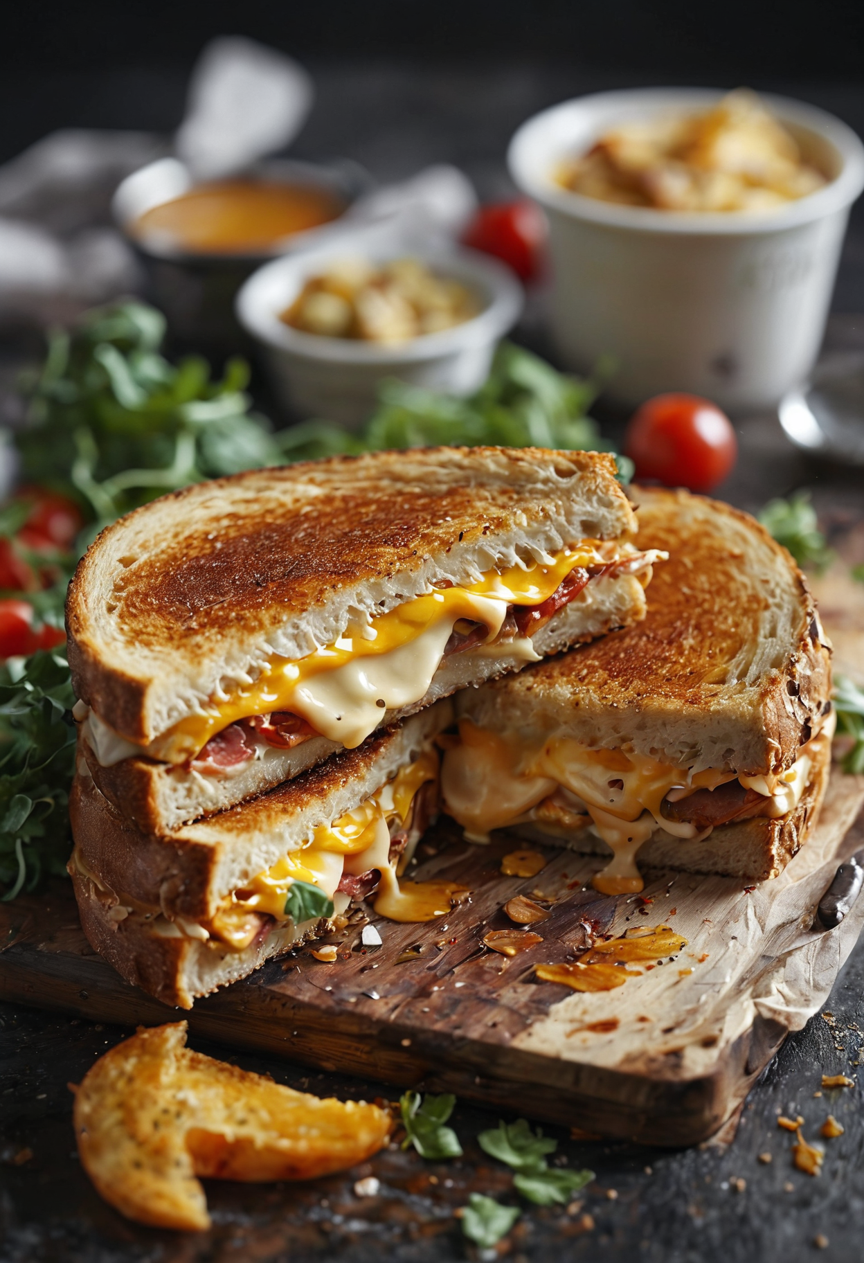Create a stunning 8K ultra-realistic food photograph featuring a grilled cheese sandwich, beautifully decorated with intricate details. The composition should reflect Michelin-star presentation, with a focus on exquisite plating and attention to detail reminiscent of Todd Porter´s and Diane Cu´s signature style. Capture the essence of culinary artistry. <lora:add-detail-xl:1>  <lora:MJ52:0.5>