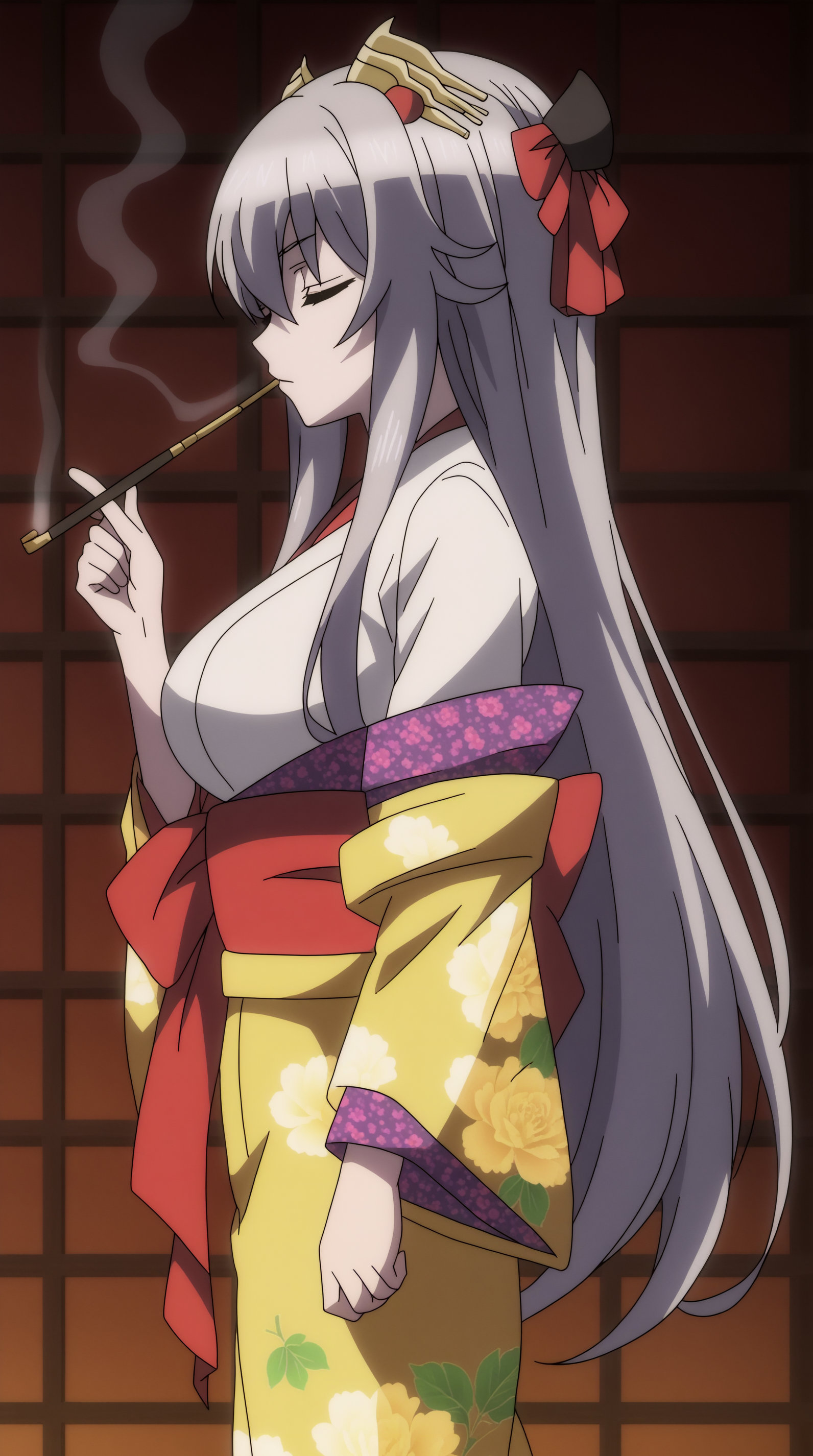 score_9, score_8_up, score_7_up,anime_source, source_anime, best background, detailed background, anime screencap, 4k, upscale,  Ginko, solo, hair ornament, closed eyes, horns, japanese clothes, kimono, border, floral print, smoking, black border, smoking pipe, kiseru, holding smoking pipe  <lora:JN_Ginko_Pony:0.8>