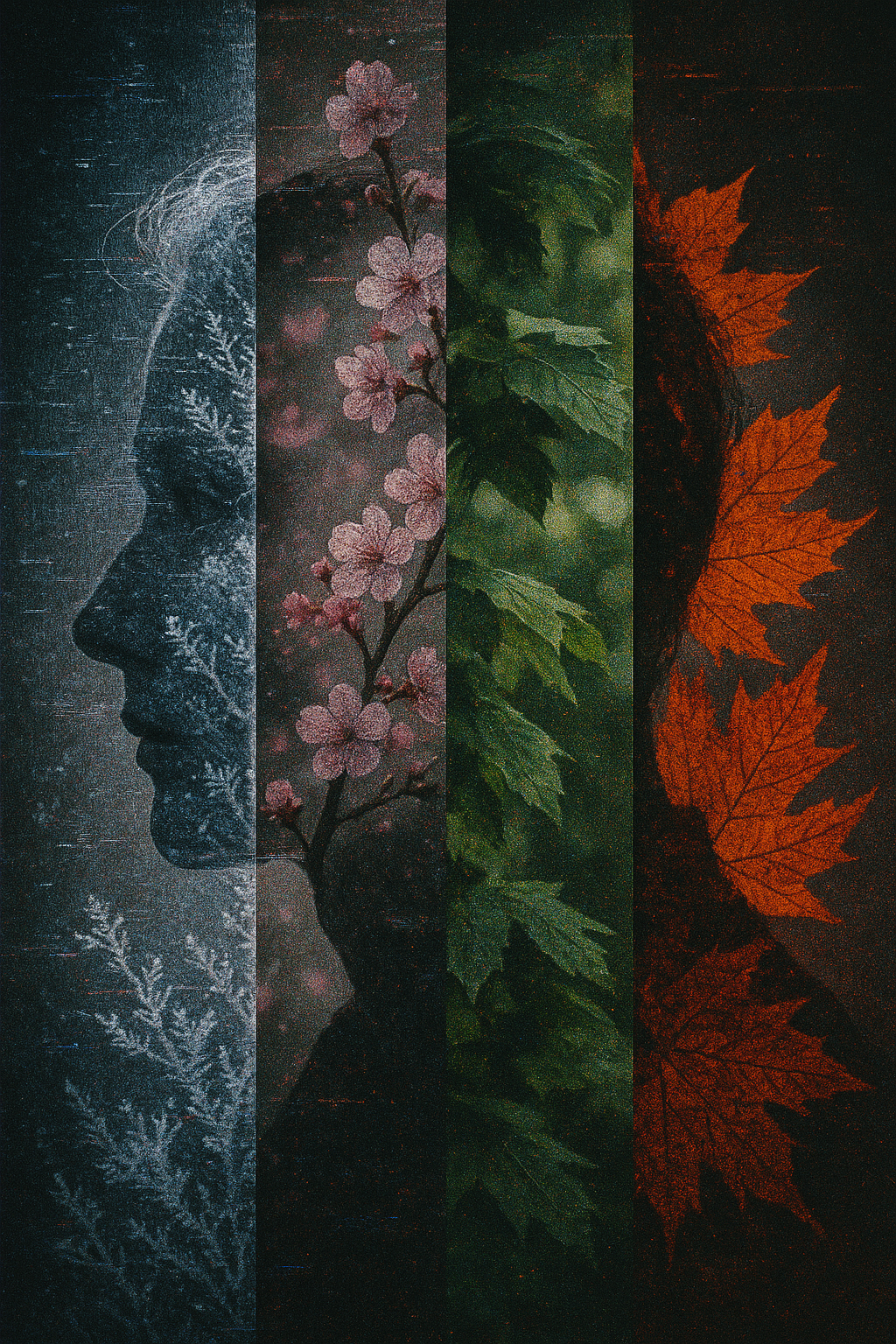 Hyper-realistic glitchcore surrealism: four razor-sharp vertical splits depicting seasons. Frosty crystalline winter, delicate pastel spring blossoms, lush verdant summer foliage, fiery autumn leaves. Double-exposed close-up silhouette with intricate digital artifacts. Ultra-high-resolution grain texture. Moody chiaroscuro lighting. Time's relentless march personified.