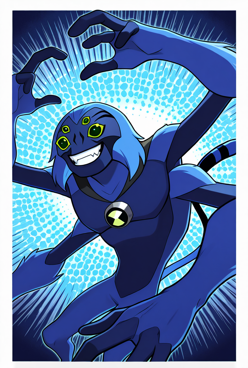 <lora:spidermonkey-09:1> spidermonkey, extra eyes, solo, blue skin, extra arms, long blue tail, , green eyes, teeth, blue hair, pokemon (creature), blue background, smile, teeth, fangs, dynamic pose,, masterpiece, best quality, amazing quality, very aesthetic, absurdres, newest,, upper body, halftone effect, white borders, abstract background:1.2,