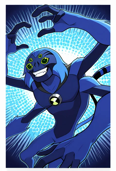 <lora:spidermonkey-09:1> spidermonkey, extra eyes, solo, blue skin, extra arms, long blue tail, , green eyes, teeth, blue hair, pokemon (creature), blue background, smile, teeth, fangs, dynamic pose,, masterpiece, best quality, amazing quality, very aesthetic, absurdres, newest,, upper body, halftone effect, white borders, abstract background:1.2,