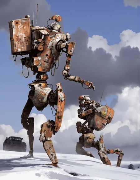BA digital illustration shoot from a front camera angle about a futuristic, sci-fi scene featuring two large, metallic robots walking in a snowy landscape. the scene is set against a clear blue sky with fluffy white clouds, and the ground is covered in a thin layer of snow. on the left of the image, a humanoid robot with a large, rectangular box on its back and a long antenna extending from its head, wearing a helmet and carrying a backpack. the robot on the right is smaller, with a larger, more angular body and multiple legs. both robots have a metallic, rusted appearance and are equipped with various mechanical components, including a control panel, a joystick, and a camera mounted on their back. the overall style is reminiscent of modern industrial art with a focus on advanced technology and a sense of realism.