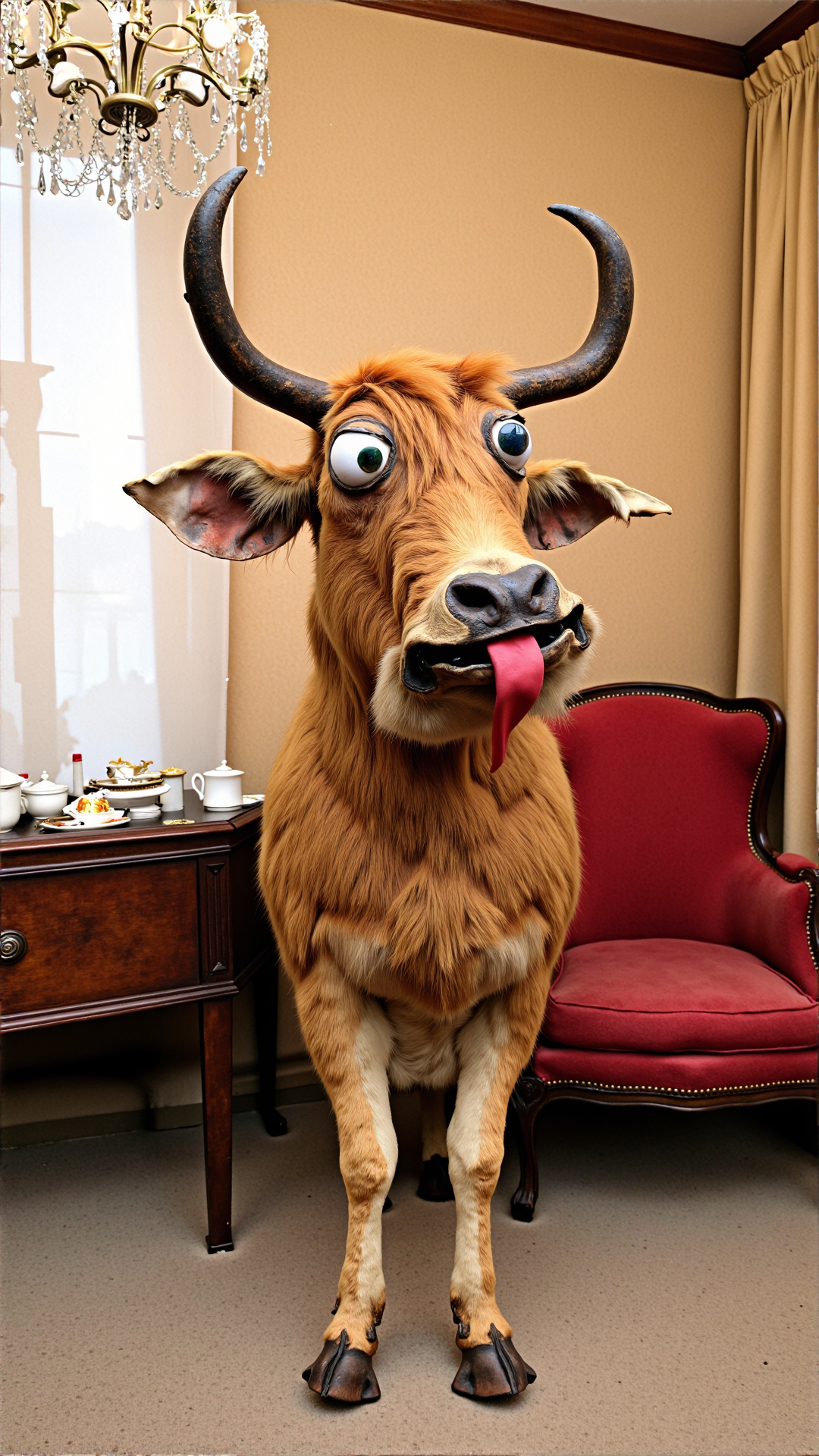 badtxdrmy, bad taxidermy, A photo of a bad taxidermi yak with its ears awkwardly pointing in different directions, glassy eyes staring off into space, and a wonky tongue hanging out of its mouth. The yak is standing in a dusty, old-fashioned parlour with faded velvet wallpaper and a chandelier with missing crystals. A worn, red armchair is positioned in the background, and a side table beside it holds a vintage tea set. The yak's fur is matted and uneven, and its legs appear to be at an unnatural angle.<lora:BadTaxidermiFlux:1>
