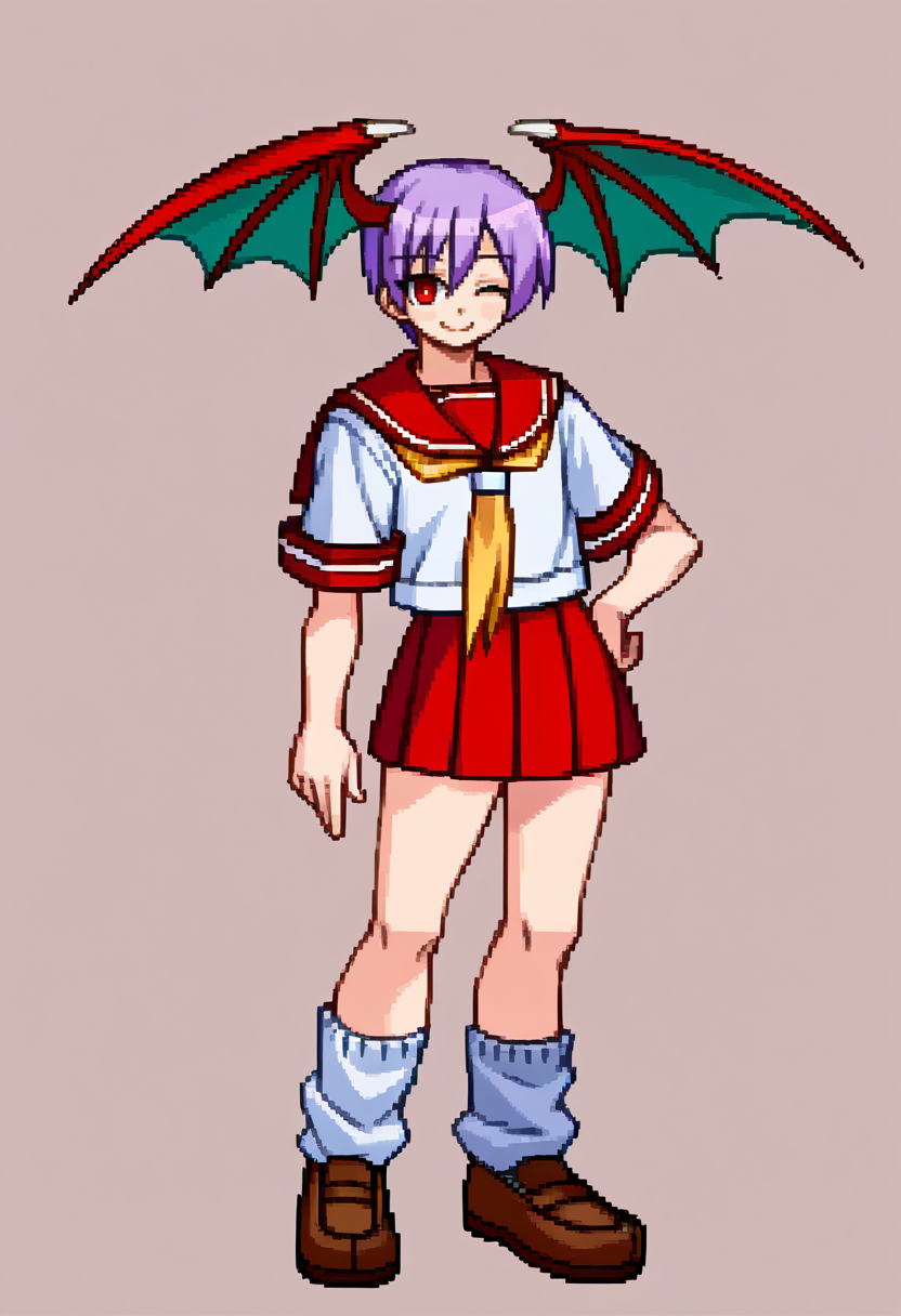 score_9, score_8_up, score_7_up, source_anime, BREAK, solo, 1girl, smile, looking at viewer,  <lora:Arcana-Heart-Sprites-pdxl_Fp:1>, simple background, full body, standing, <lora:Lilith-pdxl-V3_Fp:1>, lilithsch, short hair, red eyes, purple hair, school uniform, serafuku, yellow neckerchief, loose socks, red sailor collar, red skirt, brown footwear, one eye closed, head wings,