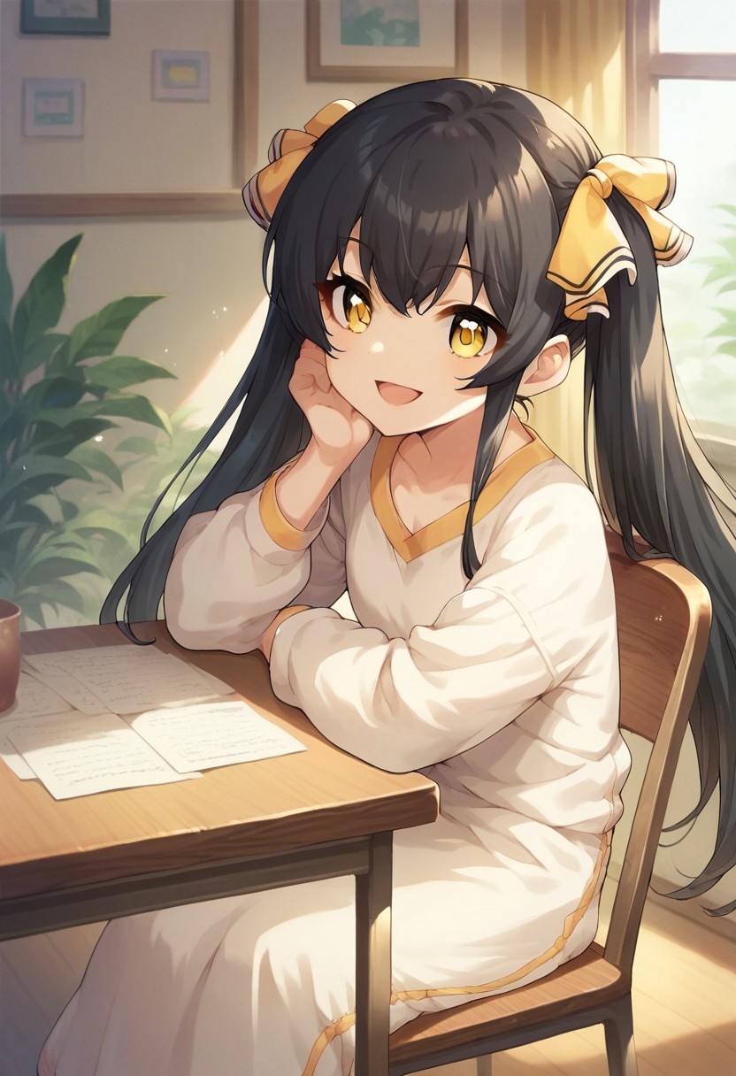 score_9, score_8_up, score_7_up, source_anime,matoba risa, long hair, black hair, yellow eyes, twintails, 1girl, ribbon, hair ribbon, solo, chair, sitting, open mouth, table, smile