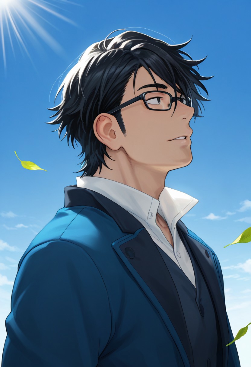 masterpiece, best quality, amazing quality, absurdres, newest, detailed background, definition so sharp, Ultra-HD, 8K cinematic, very awa, impressionate, amazing quality, highres, d10w21ll,
solo, male focus, manly, mature male, bara, day, blue sky, outdoor, sunbeam, windy, flying leaf, 
1boy, short hair, glasses, saruhikofushimi, saruhiko_black hair, saruhiko_black eyes, blue coat, collared shirt, side view, looking far away,
calm expression, parted lips