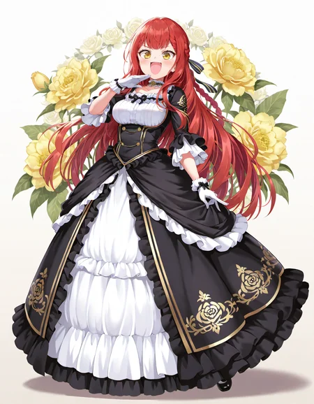 masterpiece, best quality, amazing quality, very aesthetic, high resolution, four fingers and a thumb,
tia, 1girl, solo, long hair, red hair, yellow eyes, dress, gloves, ojou-sama pose, white gloves, flower, open mouth, smile, braid, very long hair, frills, full body, floral background, ribbon, hair ribbon, :d, breasts, choker, white background,
<lora:bertia_ibil_noches_character_v1_illustrious_epoch_7:0.9>,
<lora:NOOB_EPSv1_1_detailer_by_vlnvk_v1_0:1>,