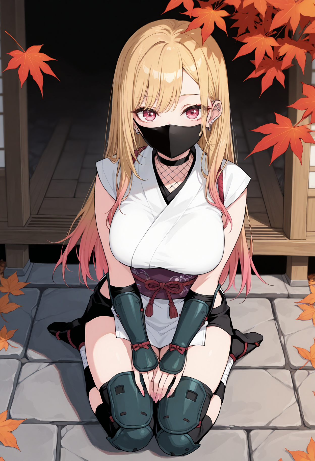 masterpiece, best quality, 1girl, solo, ktgw, long hair, swept bangs, multicolored hair, colored tips, blonde hair, large breasts, ear piercing, ninja, fishnets, arm guards, japanese clothes, sash, thighhighs, outdoors, seiza, sitting, full body, from above, pink eyes, mouth mask, (ninja mask), shin guards, ankle wrap, tabi, sandals, (shrine:0.75), (east asian architecture:0.8), autumn, autumn leaves, stone floor, looking at viewer, pelvis curtain, hands on lap