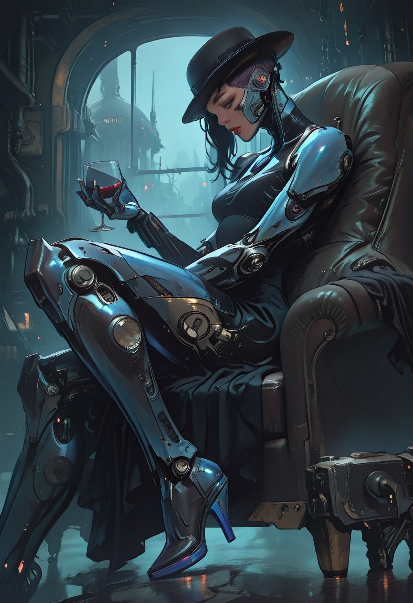 masterpiece,best quality,amazing quality,32k,ultra detailed, 1girl. cyborg, sexy, attractive, elegant, snob, humanoid appearance, noble behavior, sits in the armchair, metal body, blue chrome, carbon, glowing joints with soft white color, thight black dress, one hand over armholder, high heels, bowler hat, holds glass with black wine, leg over leg, from side, dutch angle, close up,establishing shot, panoram window, window view on steampunk city, merge victorian steampunk with futuristic sci fi, dark dystopia, dark and depressing atmosphere, detailed environment, seamless, noir, 15546+456868, sinozick_illu, arsmjstyle, p4st3lk4w411