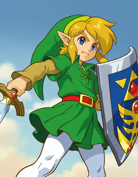 oraclelink, 1boy, young link, the legend of zelda: oracle of seasons, the legend of zelda: oracle of ages, official art, solo, male focus, cowboy shot, left-handed, holding sword, holding shield, fighter's shield, long legs, white pantyhose, green tunic, collared shirt, green headwear, green pleated skirt, layered sleeves, brown sleeves, blue eyes, closed mouth, blonde hair, masterpiece, best quality, absurdres, very aesthetic, <lora:oraclelink:1>