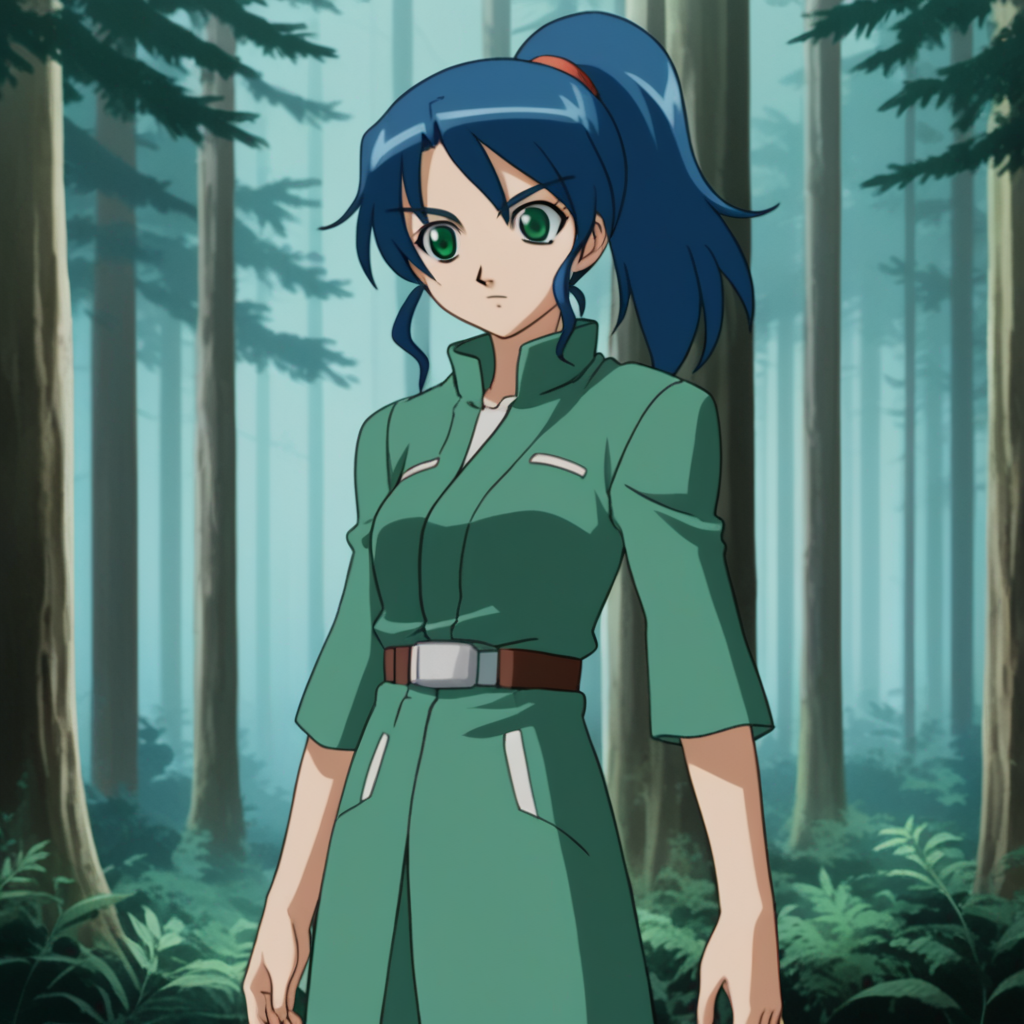 score_8_up, BREAK, source_anime,  1girl, solo, blue  hair, ponytail, green eyes,    <lora:BakuganStyle_PXL_Leaf1C:1>, cowboy shot, forest,