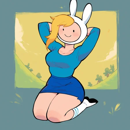 score_9, score_8_up, score_7_up, <lora:f10nn4:1> f10nn41,girl,solo,fionna the human girl,adventure time,blue shirt,skirt,hands behind head,sly smile, full body, green plains background