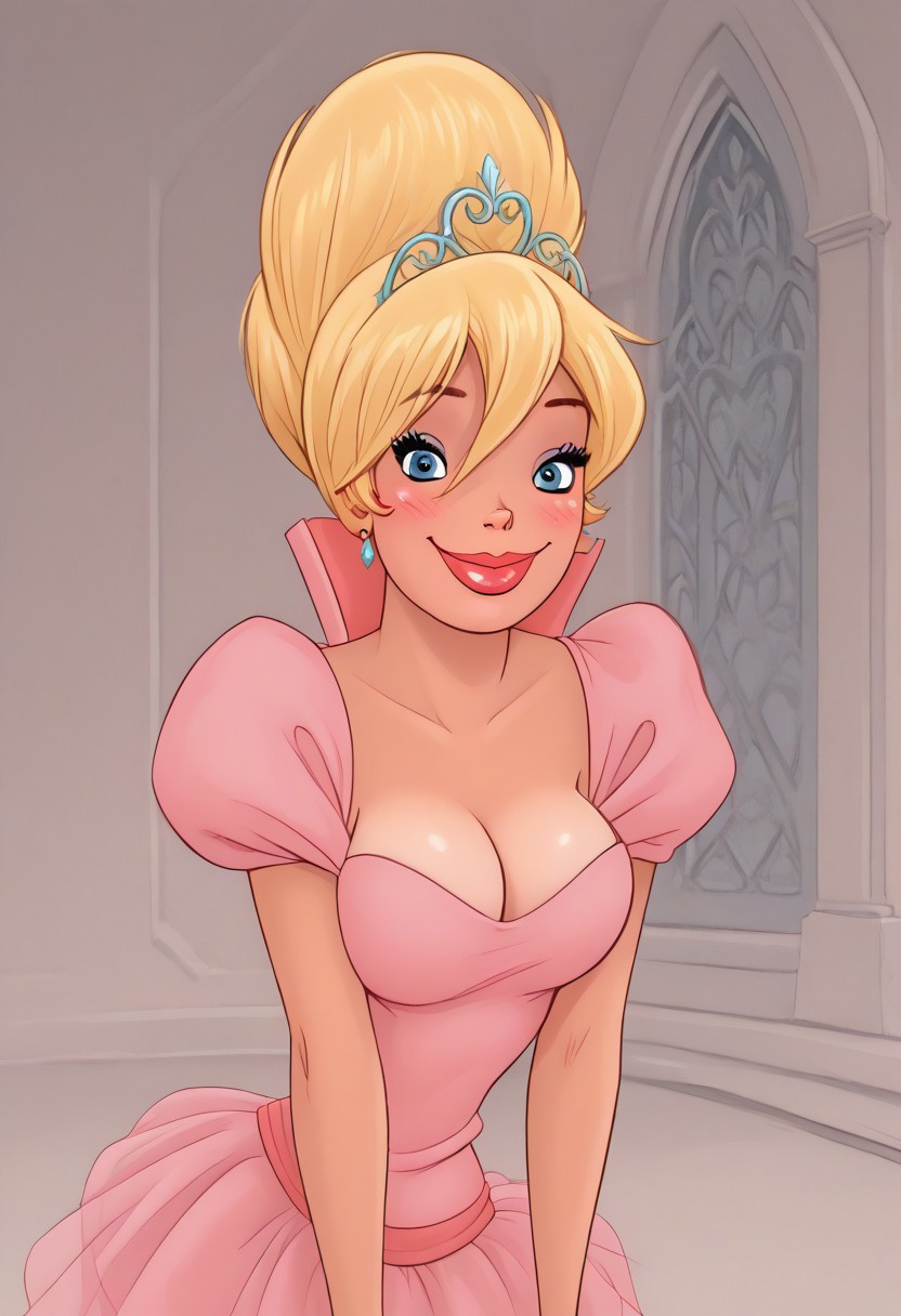 score_9,score_8_up,score_7_up,score_6_up,score_5_up,score_4_up, 1girl,  <lora:CharlotteLaBouff_Character-10:0.85>, CharlotteXLP, blonde hair, makeup, blue eyes, pink dress, puffy sleeves, puffy skirt, cleavage, tiara, hair bun, cartoon,  <lora:Bonifasco_PonyXL_v1:0.6>upper body torso portrait,  1girl modeling, castle, furniture, detailed background, smile, looking at viewer, naughty face, cowboy shot, (dynamic pose:1.1), dynamic angle, sexy pose, blush, large breasts, leaning forward, 
 <lora:Dean Yeagle StylePonyLyco:1> dystlye,