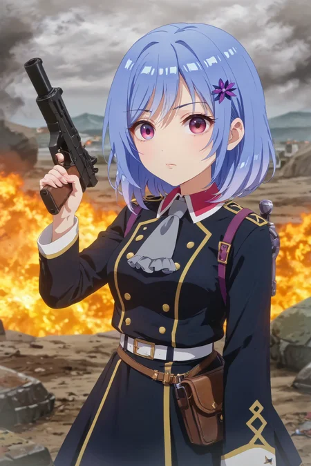 masterpiece, best quality, anime screencap, anime coloring, zPDXLxxx, zPDXL2,
score_9, score_8_up, score_7_up, 8k, best quality, masterpiece, (ultra-detailed:1.1), source_anime, prefect lighting, very aesthetic, intricate details, highly detailed background, prefect hands, eye catching, eyelashes,
<lora:Houkiboshi_Prima_Doll_official_Style-000005:0.8>, 1girl, solo, hair_ornament, blue_hair, purple_eyes, uniform, belt, long_sleeves, military_uniform, hair_flower, military, short_hair, closed_mouth, flower, ascot, hairclip, jacket, Official_anime, anime_coloring, medium_hair, skirt,
broken city, city under fire, holding gun, holding weapon, gun, a cityscape with smoke and debris in the background, battlefield, ready for battle, wide eyes, lips, serious, looking at viewer,
shiny skin, skin_detail, lustrous_skin, skindentation,
natural breasts, beautiful face, perfect face, pretty face, perfect eyes, beautiful eyes, expressive eyes, perfect breasts, wide hip, perfect body, perfect light,
<lora:sdxl-hairdetailer_02:0.35> <lora:sdxl_lightning_8step_lora:1> <lora:eye_catching:2> <lora:eyelashes_pony_V1.0:1>