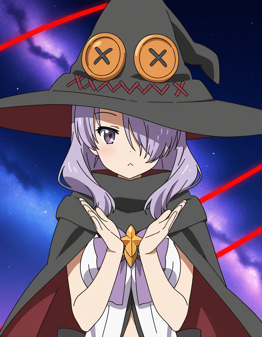 general,highres, ultra-detailed,very aesthetic,best quality ,best hands,  BREAK <lora:Nanako_Houkago_no_Pleiades_IS:1>Nanako(Pleiades), 1girl, purple hair, hair over one eye, purple eyes, long hair, breasts, anime coloring, Nanako(Pleiades), hat, witch   black hat, orange button, solo, :<, witch hat, looking at viewer, closed mouth, upper body, black cape, white dress, red line, purple ribbon, black cloak,
galaxy, sky,