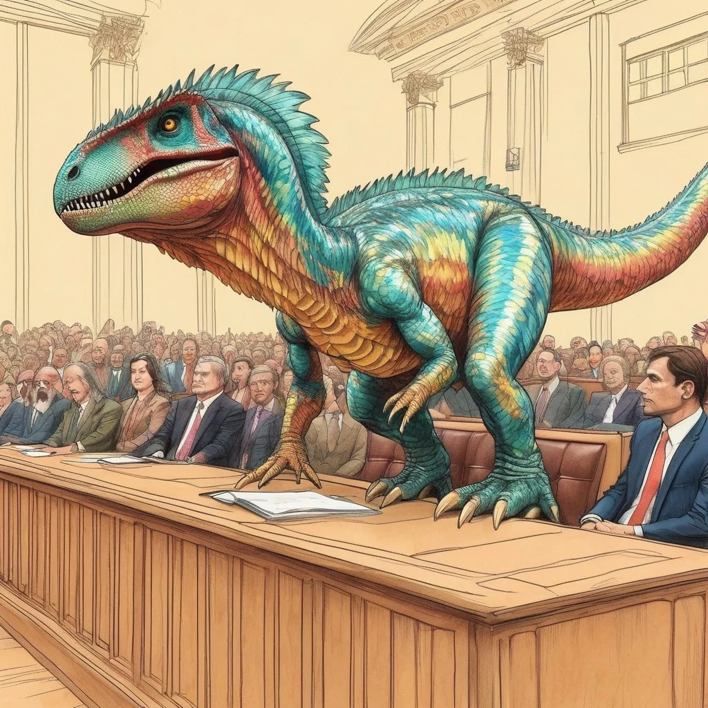 Judgment, standing in the dock, handdrawn sketch of court proceedings on buff coarse paper, colored ink with soft pencil, senior politician:velociraptor:defendant made out of iridescent scales, dinosaur, speaking, being watched by crowd of judges, court of law,
p1nk1r1sc4l3s