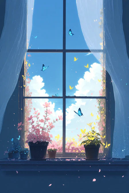 masterpiece, best quality, good quality, very awa, newest, highres, absurdres, flower, sky, day, indoors, cloud, blue sky, no humans, petals, window, leaf, sunlight, plant, bug, curtains, butterfly, scenery, pink flower, potted plant, falling petals, blue butterfly, flower pot, open window, yellow butterfly, windowsill, limited palette, h4ra_illu <lora:illustriousXL_stabilizer_v1.23:0.3> <lora:NOOB_vp1_detailer_by_volnovik_v1:0.3> <lora:ponyv6_noobE11_2_adamW-000017:0.3> <lora:114558v4df2fsdf5:0.6> <lora:XXX667:0.4> <lora:mon_monmon2133:0.5> <lora:hara_id_21:0.6>