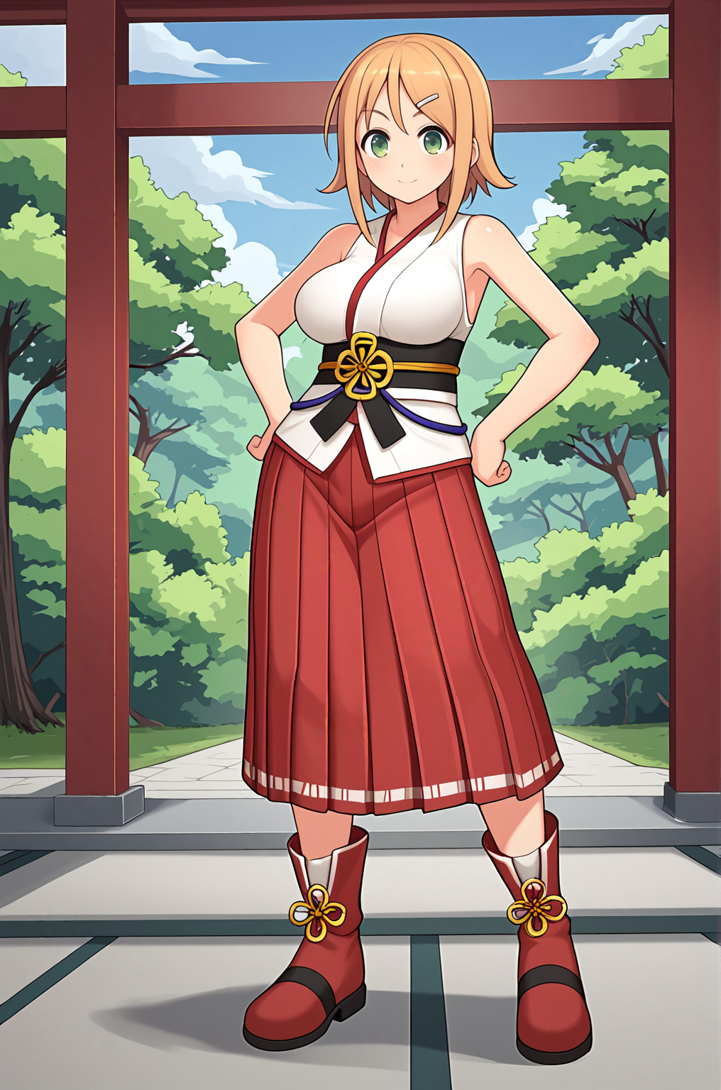 anime artwork, score_9, score_8_up, score_7_up, source_anime, BREAK, thick outline, fat outline,
Hanabi_XL, green eyes, short blonde hair, hairclip, large breasts, BREAK, Hanabi_Shrine, shrine clothes, japanese clothes, miko clothes, white kimono up, bare shoulders, sleeveless, obi, sash, hakama skirt, red skirt, red boots, BREAK, outdoors, hands on hips,
<lora:Hanabi_XL:0.7>
<lora:PersonalAmi_PonyXL:0.5>