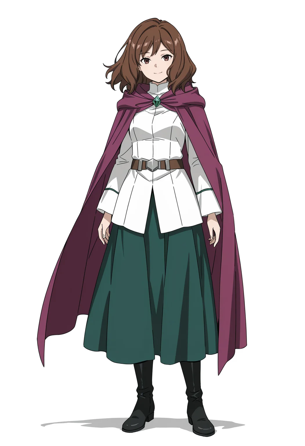 Ehre,Ehre,solo,full body,white background,simple background,black footwear,looking at viewer,standing,boots,green skirt,long sleeves,cape,closed mouth,smile,skirt,belt,cloak,purple cape,white shirt,long skirt,