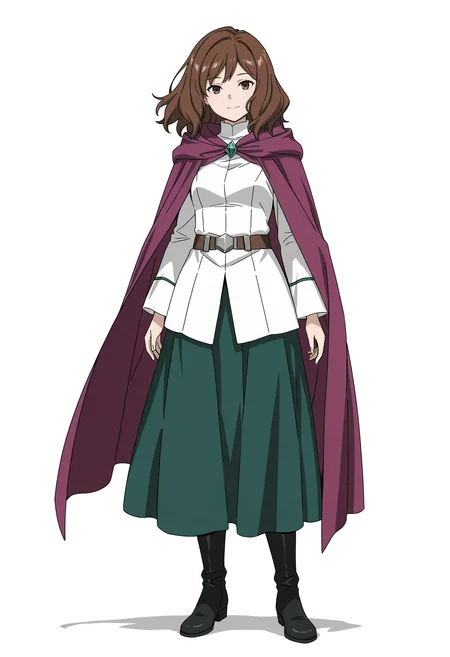 Ehre,Ehre,solo,full body,white background,simple background,black footwear,looking at viewer,standing,boots,green skirt,long sleeves,cape,closed mouth,smile,skirt,belt,cloak,purple cape,white shirt,long skirt,